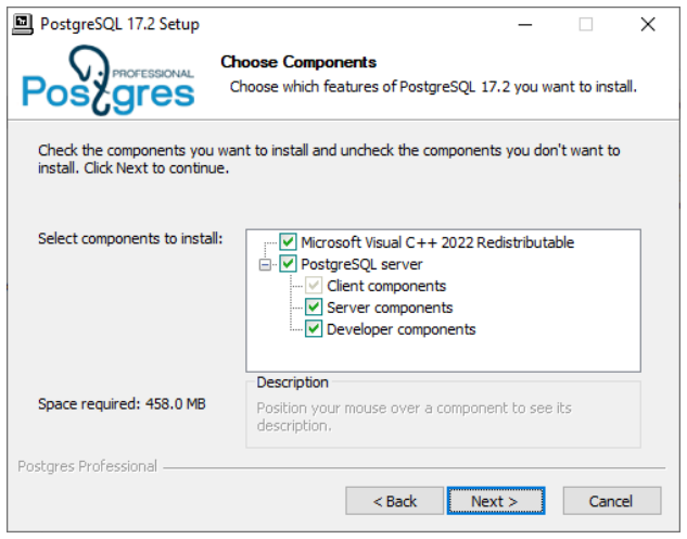 PostgreSQL 17 的 Windows 安装程序，已选中服务器、客户端、开发和运行时组件。