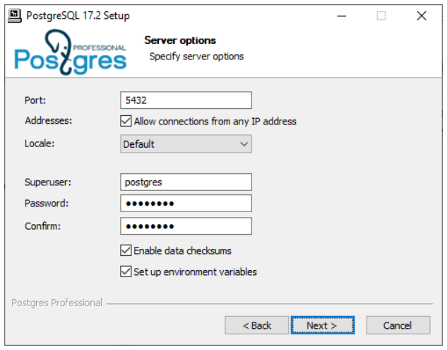 Windows 安装程序中的 5432 端口、区域设置、postgres 密码、校验和及环境变量设置。