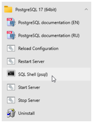 Windows 开始菜单中选中了 PostgreSQL 17 程序组里的 SQL Shell (psql)。