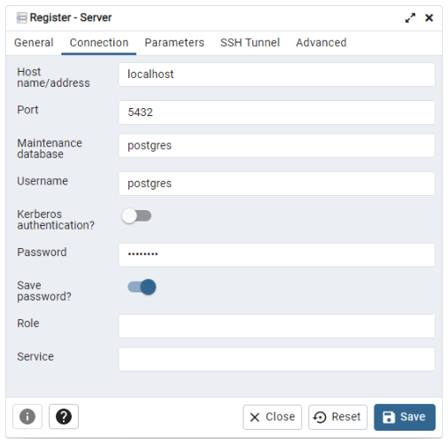 pgAdmin 服务器注册窗口：localhost、端口 5432、postgres 维护数据库以及密码设置。